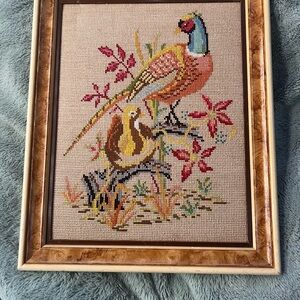 Framed Cross-Stitch Bird Artwork - Multicolor